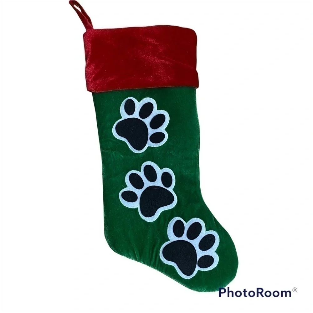 Dog Paw Christmas Stocking Green Red Pet Holiday